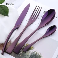 ql 4pcs purple cutlery set stainless steel blue dinnerware set knife fork table fork black tableware set drop shipping