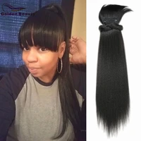 golden beauty yaki straight hair horsetail with bangs high temperature fiber black 2 clip in combs 24inch long straight ponytail