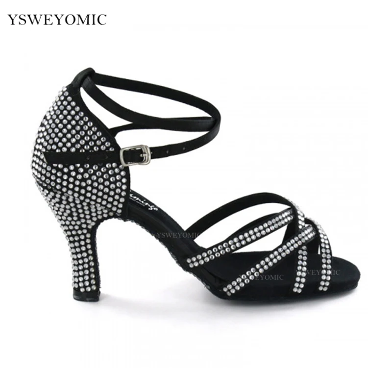 Professionally Salsa Latin Shoes Black Satin High Quality Rhinestones On Outsole Fashion Summer Latin Dance Sandals Dance Shoes