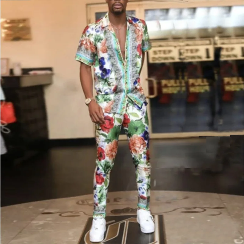 

Men Outfit Set 2021 Summer European and American Men's Casual Loose Short-sleeved Shirt and Pants Suit Mens Clothes