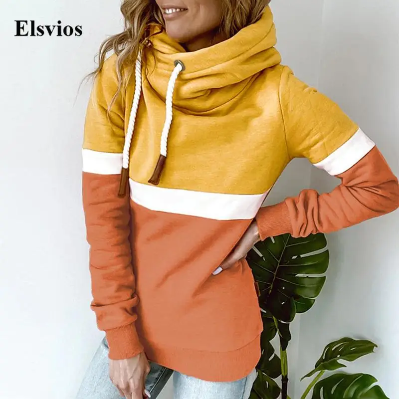 

Autumn Long Sleeve Pullover Tops Casual Drawstring Turtleneck Winter Hoodies Women Fashion Contrast Hooded Sweatshirt Streetwear