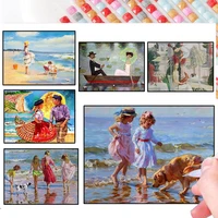 diy diamond painting figure beach little girl and dog mosaic embroidery handmade gift for living room