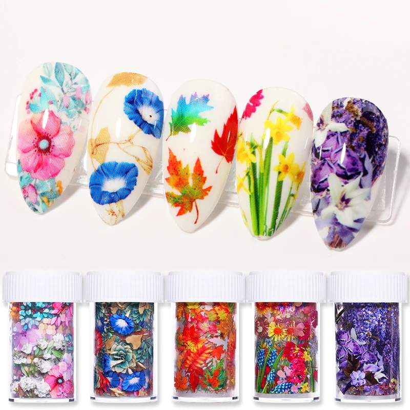 

1 Roll Nail Foils Maple Leaves Lavender Colorful Flowers Autumn Transfer Stickers Paper Mix Pattern DIY Nail Art Decorations