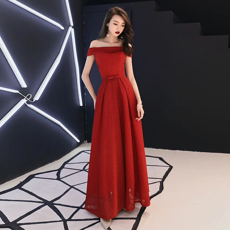 

Female Exquisite Long Banquet Gown Sweet Bow Trim Elegant Slash Neck Formal Party Dress Burgundy Sexy Off Shoulder Prom Dresses