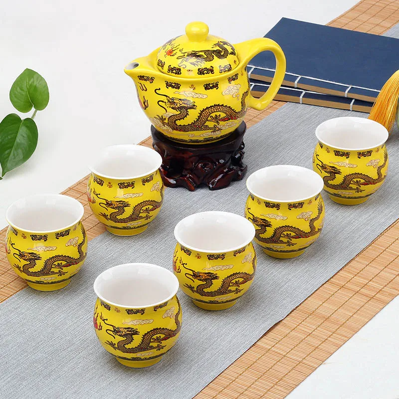 

Double ceramic teaware set 1tea pot + 6cups exquisite teapot kettles tea cup porcelain chinese kung fu tea set drinkware