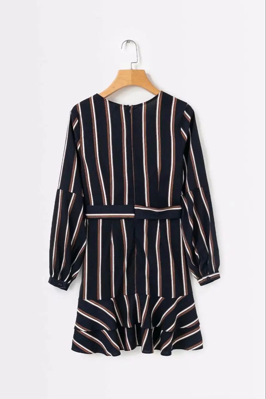 

2021 summer new style thin vertical pattern V-neck back zipper long-sleeved belted temperament dress