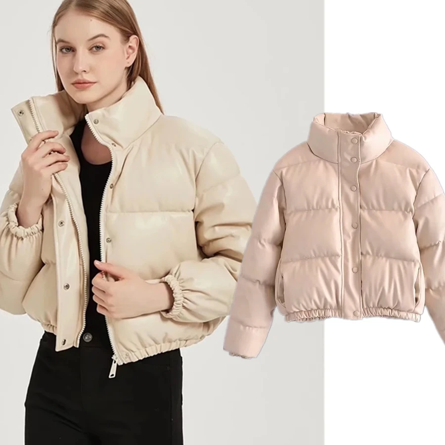 

Withered Winter Jacket England Style High Street Vintage Short Leather Parka Coat Women Fashion Simple Solid Short Coat Women