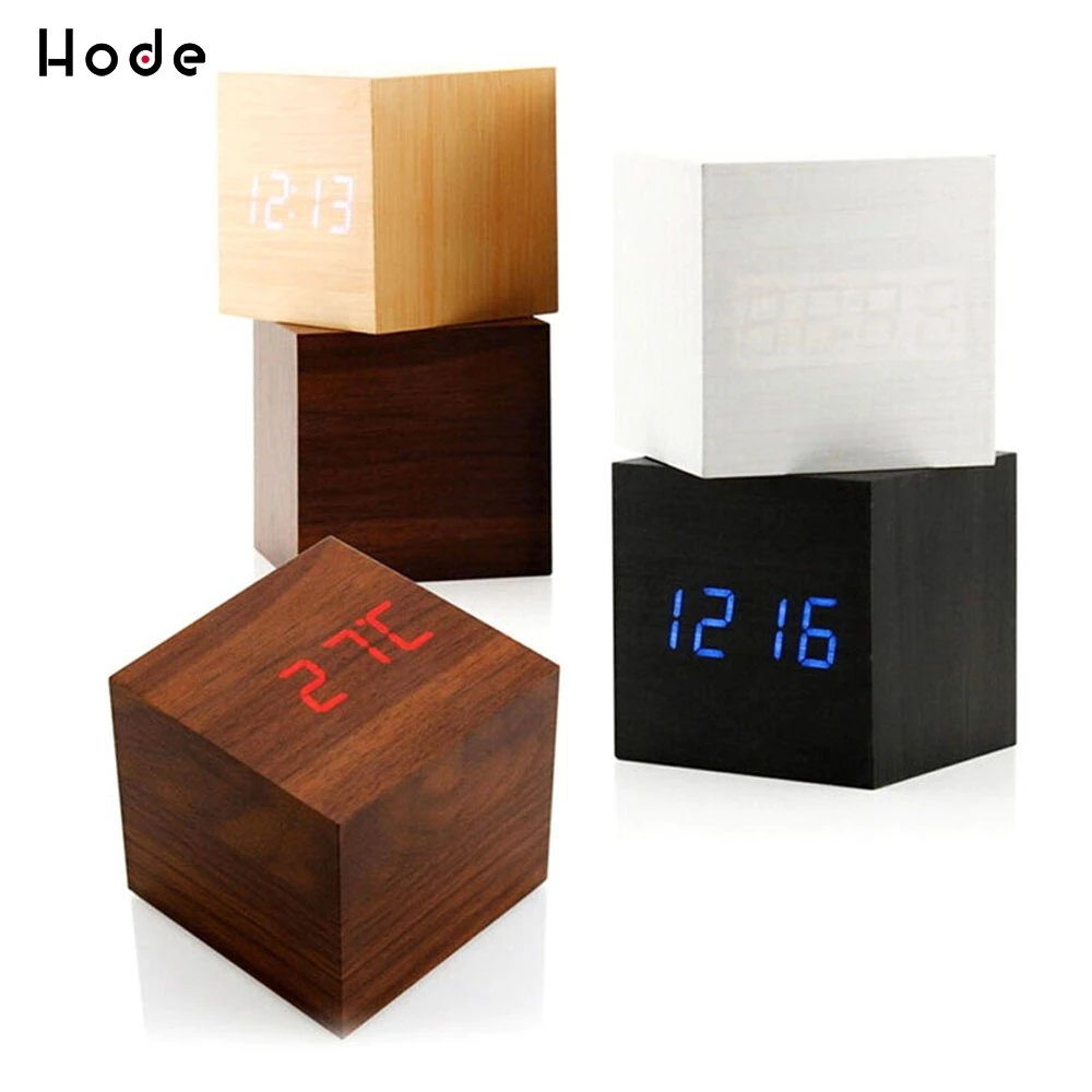 Деревянные бамбуковые часы Cube цифровые настольные будильник термометр