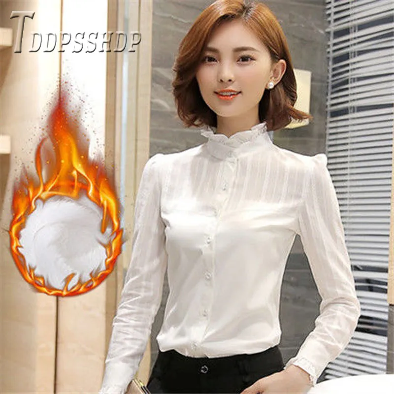 

2019 Autumn Winter Lining With Fluff Women Blouse Korean Slim Office Lady Female Bottoming Blouses