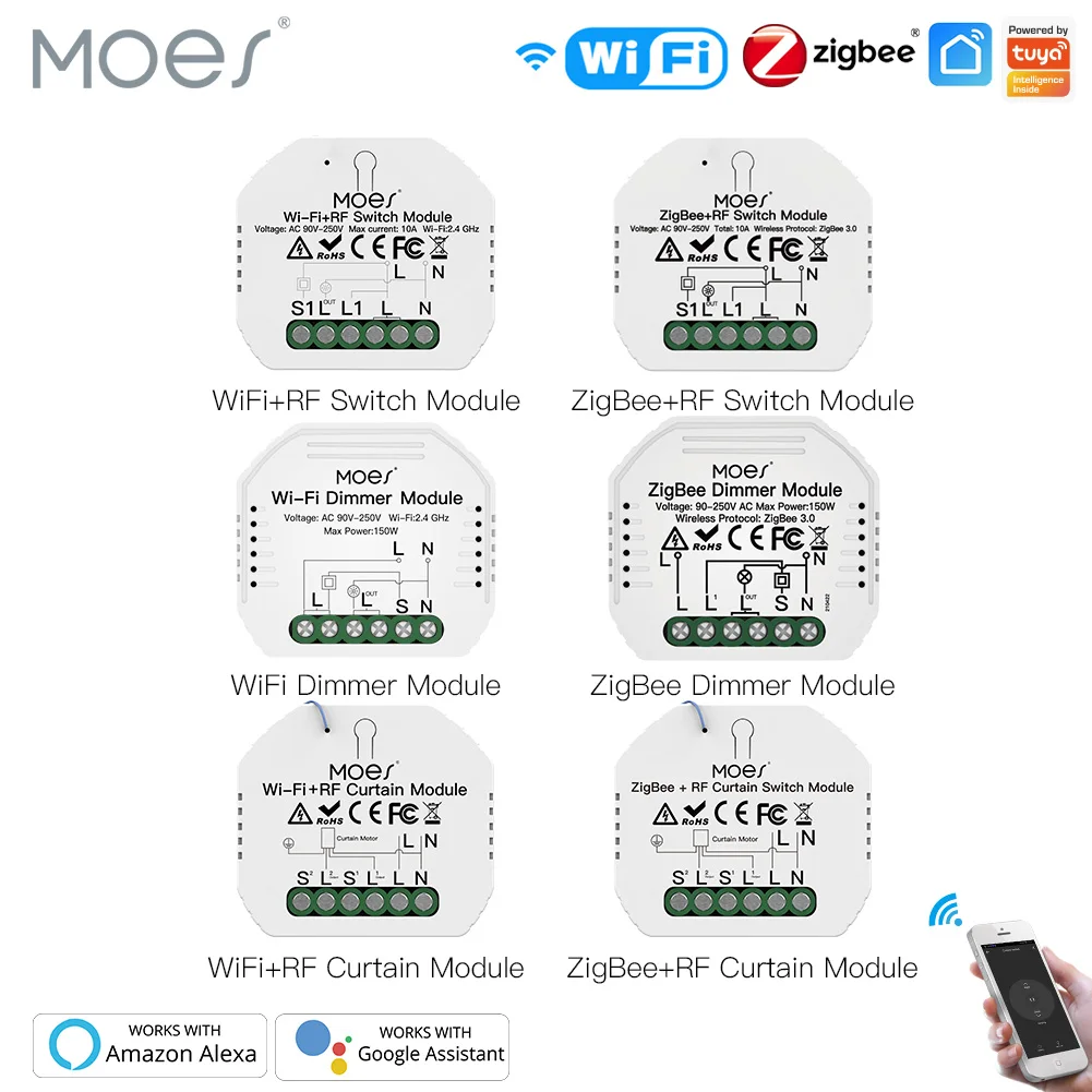 

Moes ZigBee WiFi Smart Switch Module Dimmer Curtain Switch Smart Life App Remote Control Alexa Google Home Voice Control