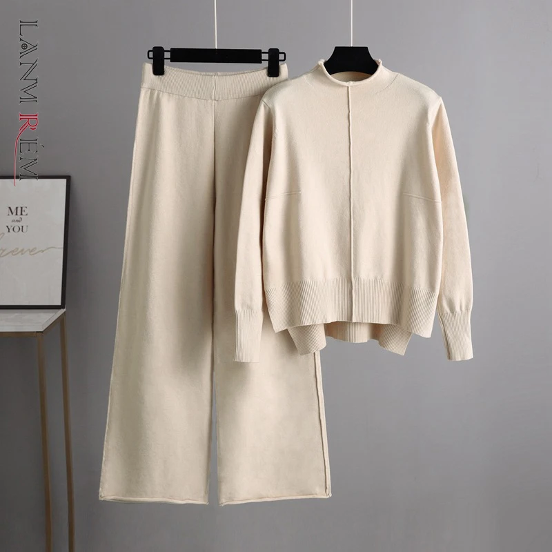

LANMREM 2022 Spring Autumn New Female Round Neck Long Sleeve Knitted Sweater Wide Leg Pants Two Piece Set Women's Fashion 2W1671