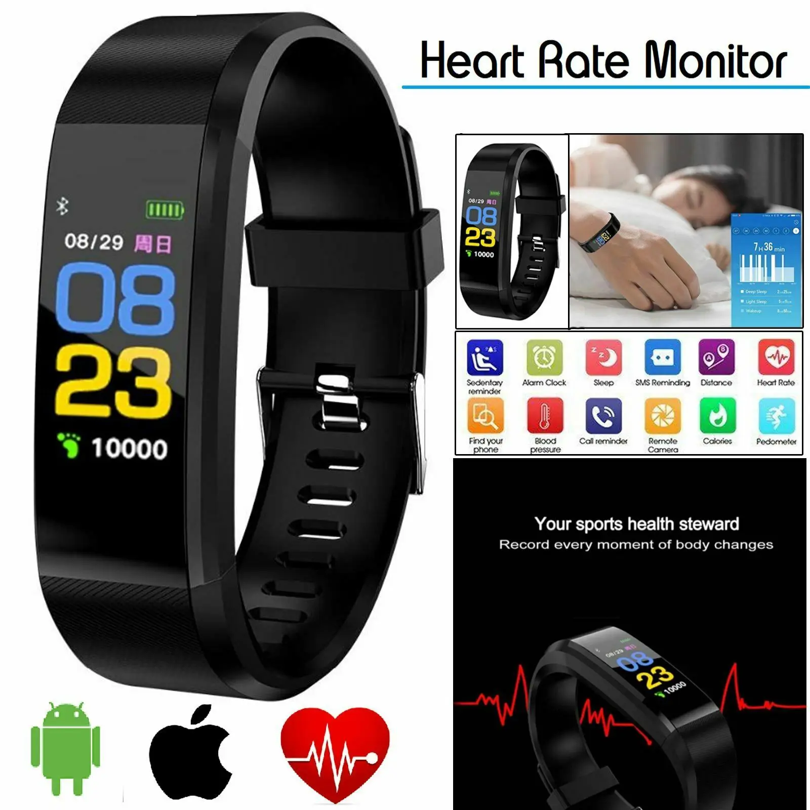 

Smart Watch Bracelet Health Monitor Wristband Fitness Heart Rate Temp BP Pulse
