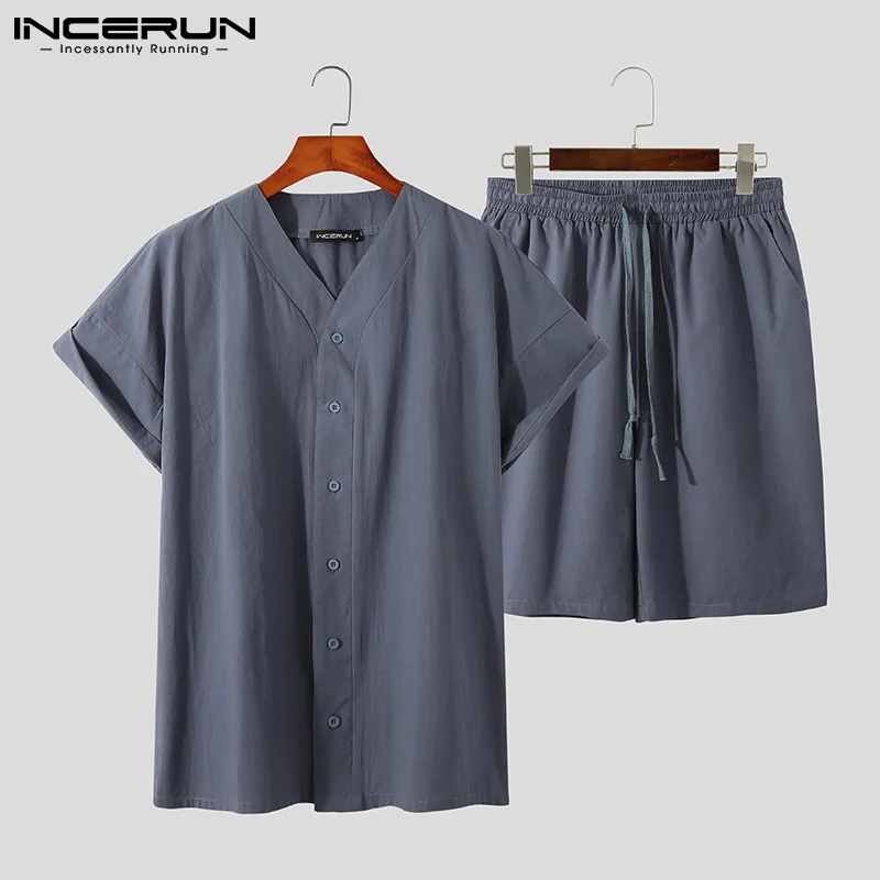 

INCERUN Men Pajamas Sets Cotton V Neck Button Comfortable Sleepwear Tops & Drawstring Shorts Vintage Leisure Men Nightwear Suits
