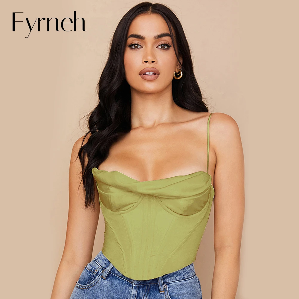 

Fyrneh женские атласные укороченные топы сексуальный жилет без рукавов скользящие бюстье Корсеты Топ летние наряды для вечерние повседневная...