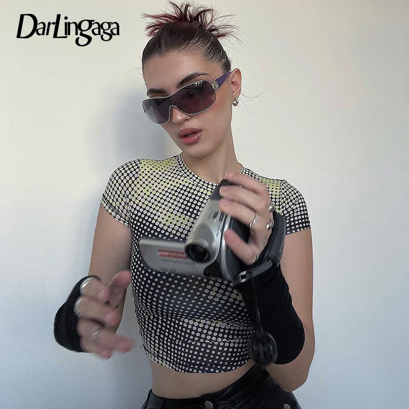 

Darlingaga Streetwear Polka Dot Print Female T-shirt Short Sleeve Bodycon Casual O Neck Crop Top Tee Slim Ladies Summer T shirt