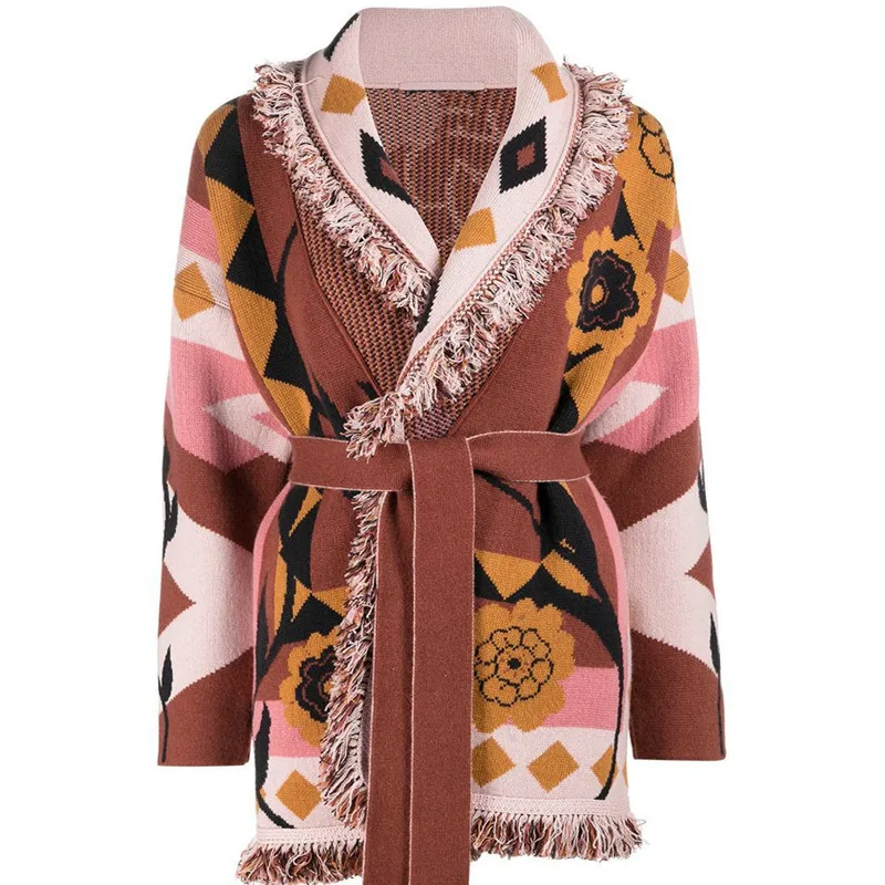 

Женский трикотажный кардиган, жаккардовый кашемировый кардиган с цветочным принтом, Осень-зима 2021, B559