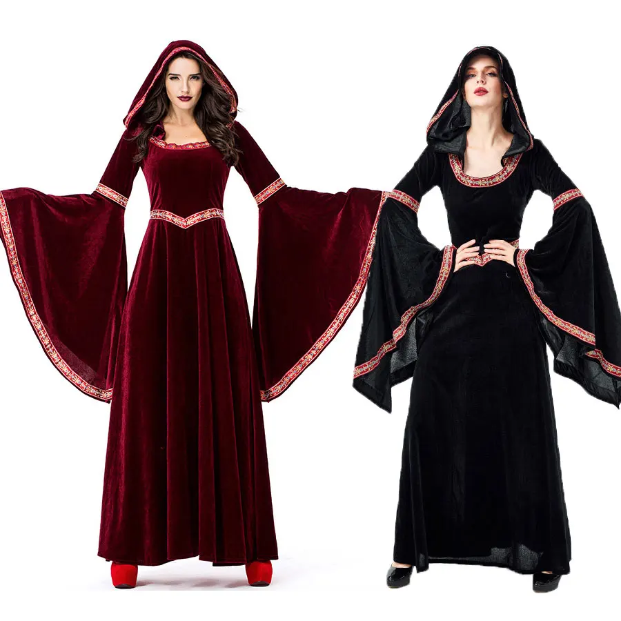 Umorden Medieval Sorceress Costume Pagan Witch Costumes Gothic Velvet Hooded Dress Halloween Purim Party Cosplay