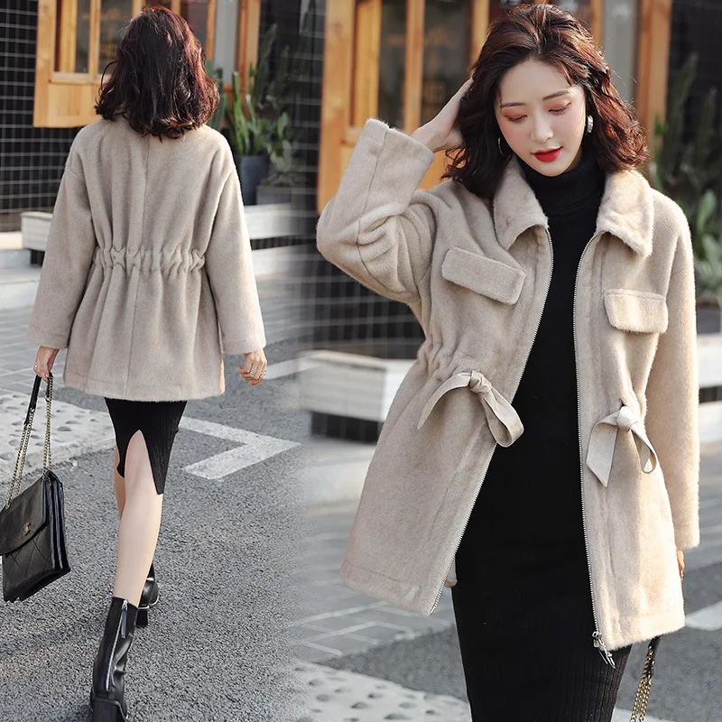 Trendy Imitation Mink Velvet Leopard Winter Coats Women Rabbit Fur Bow Belts Overcoats Vintage Turn-down Collar Female Outwear