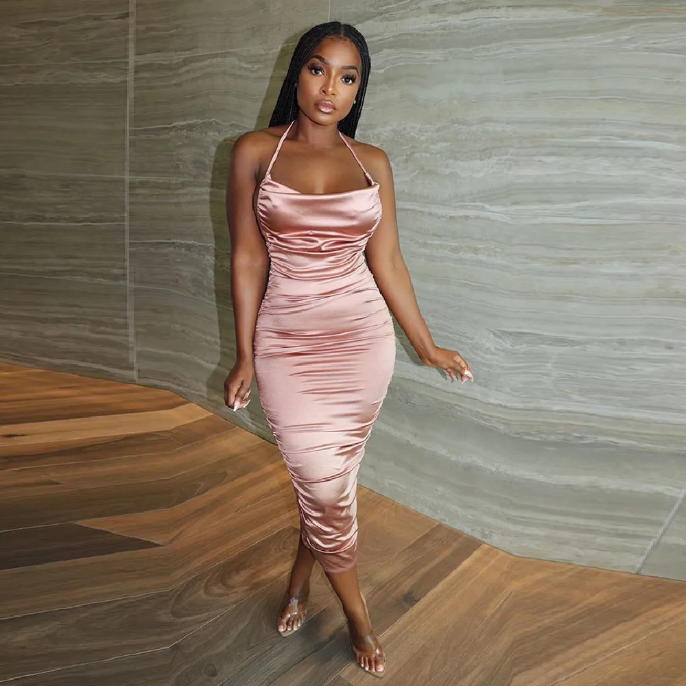 

Satin Halter Neck Backless Pleated Long Dress Women Sexy Off Shoulder Cleavage Backless Dress Elegant Female Package Hip Dress