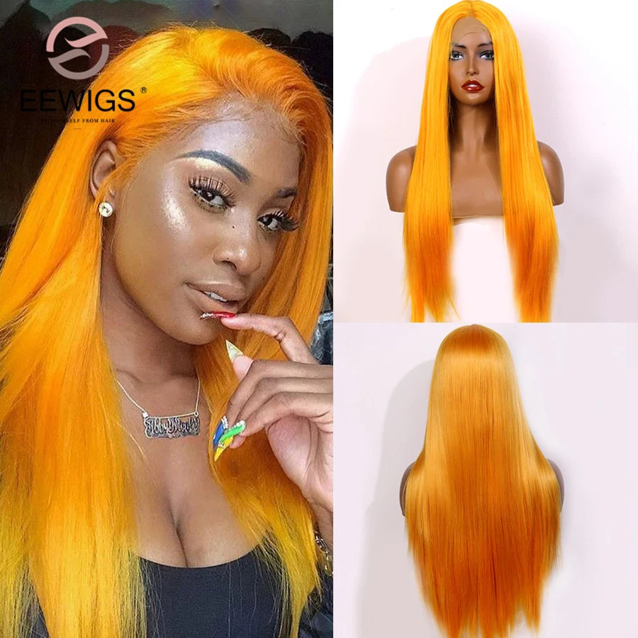 EEWIGS длинный прямой парик спереди бесклеевой оранжевый синтетический