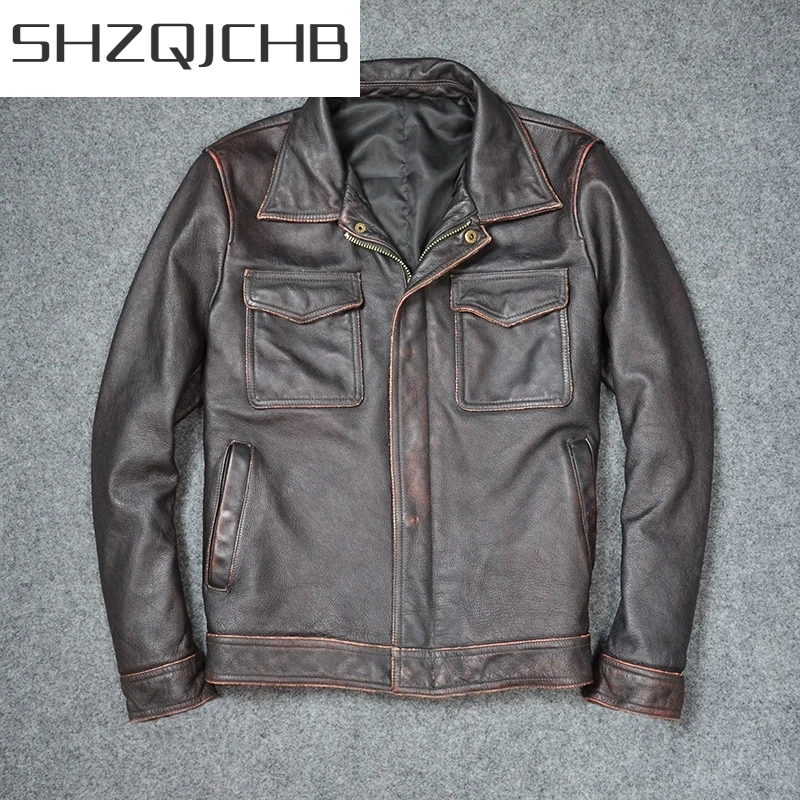 

JCGB 2021 New Fashion Genuine Leather Jacket Men Plus Size Winter Jacket Male Moto Biker Real Cow Leather Coat Streetwear 1917