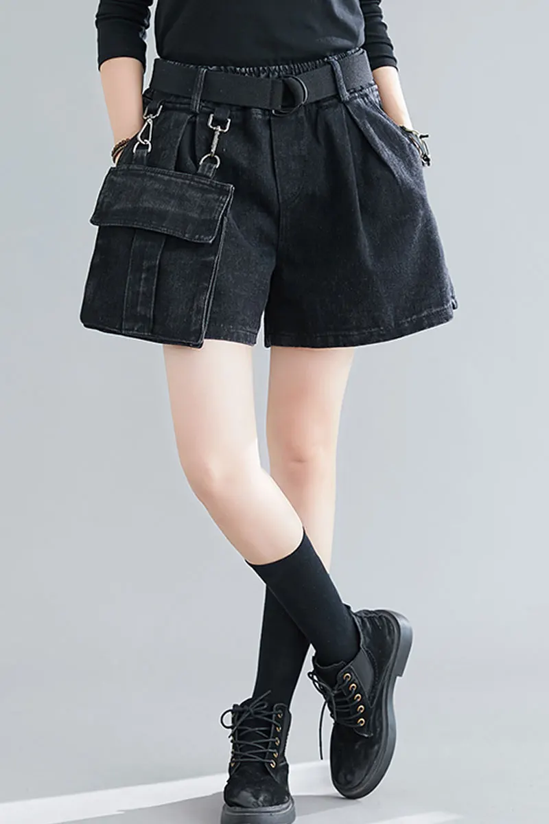 

Women Shorts Summer New High Waist Wide Leg Short Straight Loose Short black denim removable pockets