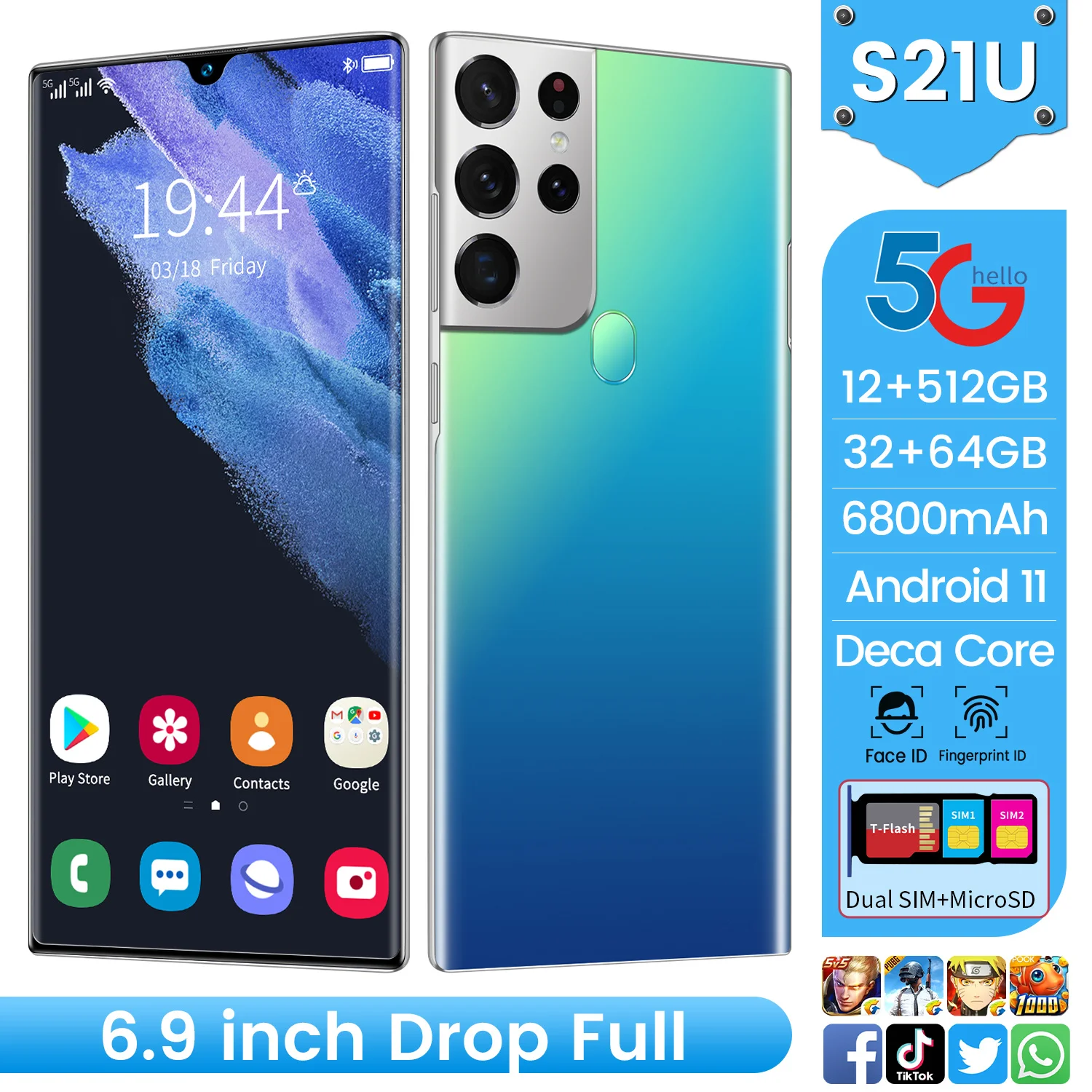 

Factory Price Reduction S21U 5G Phone 32MP 64MP 10 Core 16GB 512GB 6800mAh GPS 6.9 Inch Face Recognition