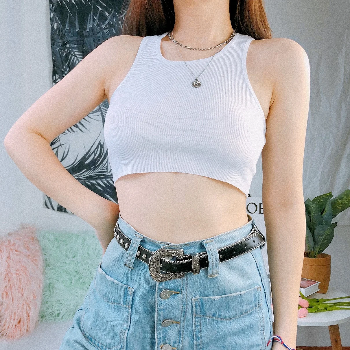 

WOMENGAGA Summer New Fashion Sexy Slim Navel Stretch Solid Color Camisole Super-short Casual For Woman U9BK