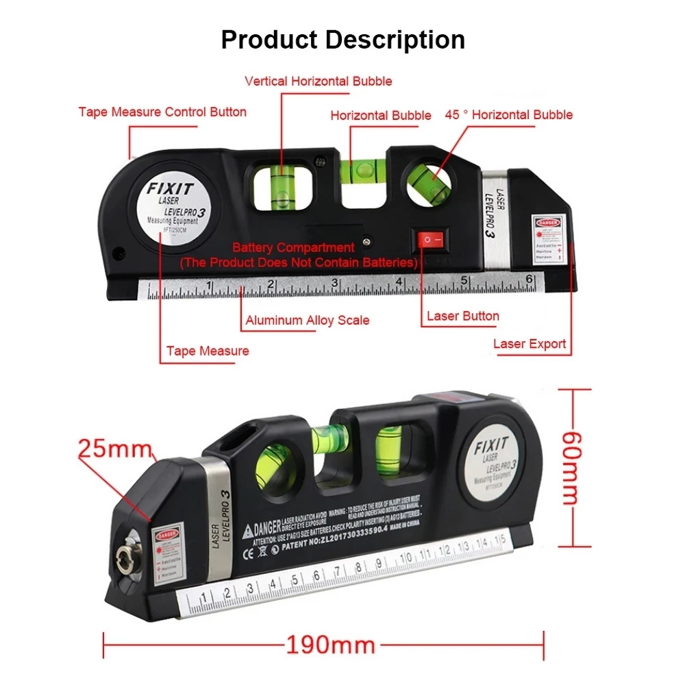 Уровень лазерный Горизонтальный Вертикальный с выравнивателем 8 футов