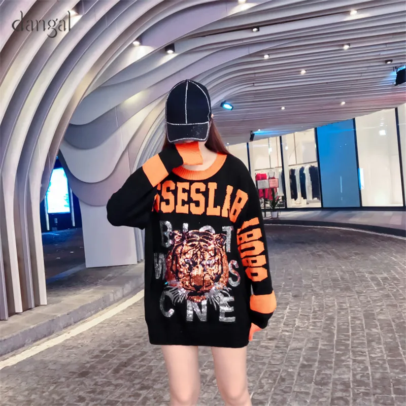 FahionHooded Sweater Women Female Sequined Tiger Sweaters Warm Pullover Knitted Winter Sequin Jumper | Женская одежда