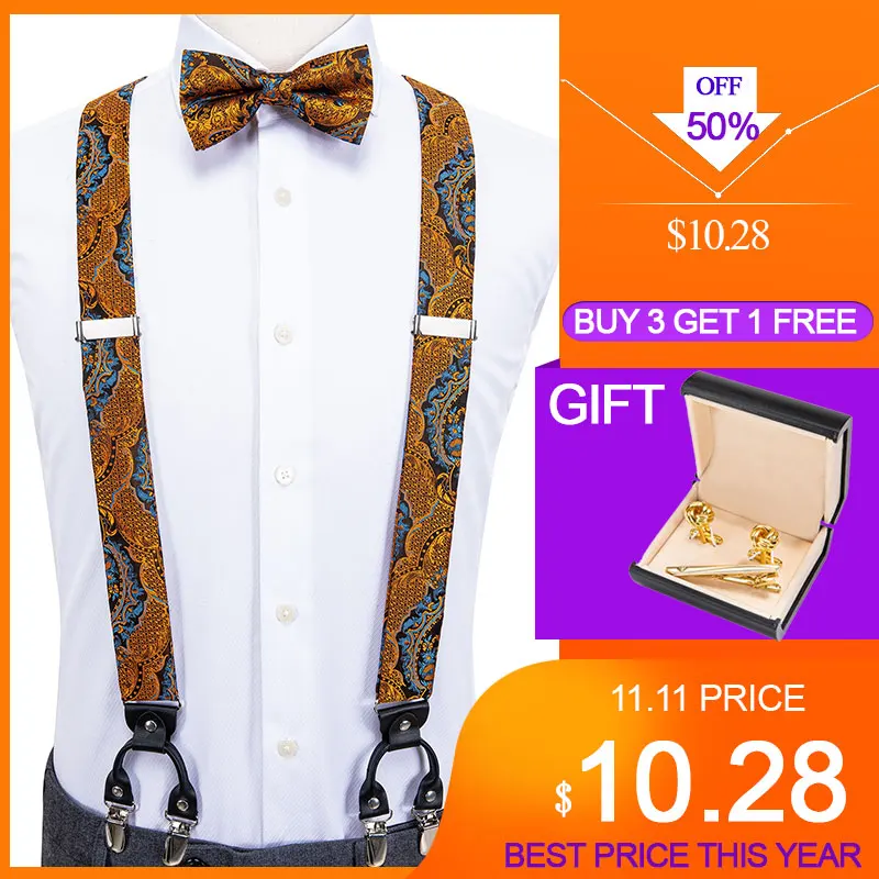 

Luxury Silk Adult Men's Suspenders Leather Metal 6 Clips Braces Men's Wedding Party Bow Tie and Vintage Elastic Suspenders Men