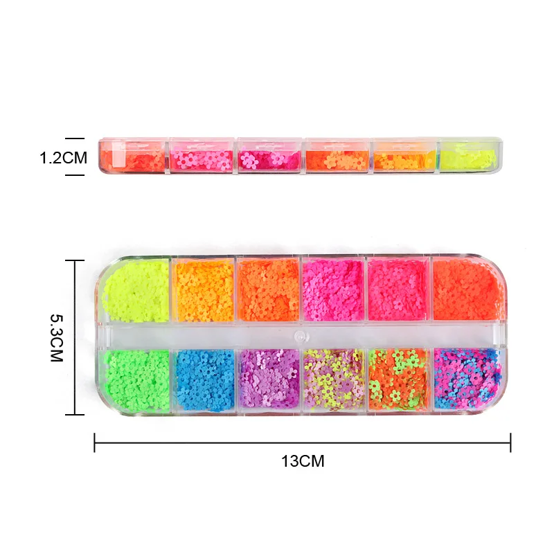 

12 Grid Fluorescence Sequins Nail Art Glitter Flakes Neon Colorful Flower Shape Nail Accessories Gel Polish Manicure Decorations