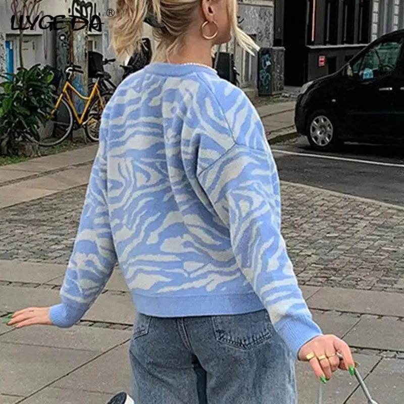

Y2k Zebra Pattern O-Neck Women's Sweater Long Sleeve Women Pullovers Causal Knitted Sweaters 2021 Autumn Y2K Ladies Streetwear