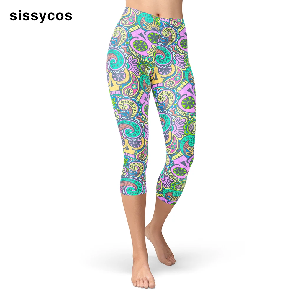 Блестящие Капри с принтом черепа Пейсли леггинсы для женщин и девушек эластичные