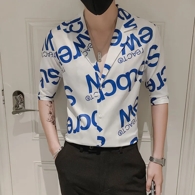 

Summer Sexy Suit Collar Casual Shirts Men Short Sleeve Slim Streetwear Shirts Letter Printed Social Party Nightclub Male Clothes