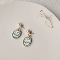 s925 silver needle gentle green oval art resin temperament aesthetic retro earrings