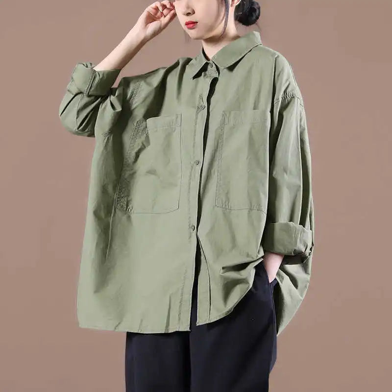 

IEQJ Solid Color Casual Women Blouse New Lapel Long Sleeve Loose Pocket Design Shirt Fashion Tide Spring Autumn 2021 8P207