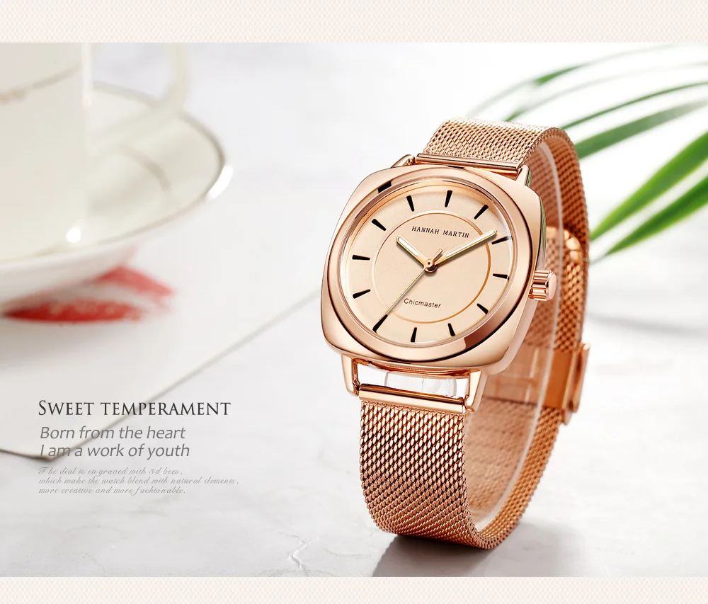 Hannah Martin Women's Watches Luxury Rose Gold Ladies Watch Women Top Brand Waterproof Clock Relogio Feminino Reloj Mujer
