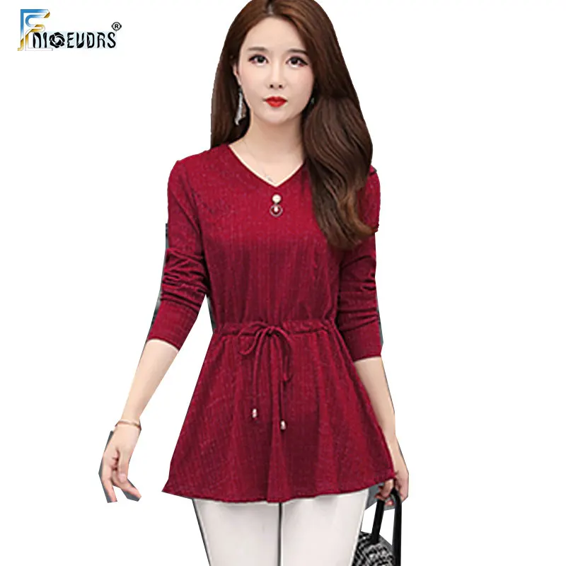 

Autumn Fall Basic Shirts Blouses Women Long Sleeve Slim Waist Bow Tie V Neck Tops Elegant Office Lady Peplum Tunic Top A425