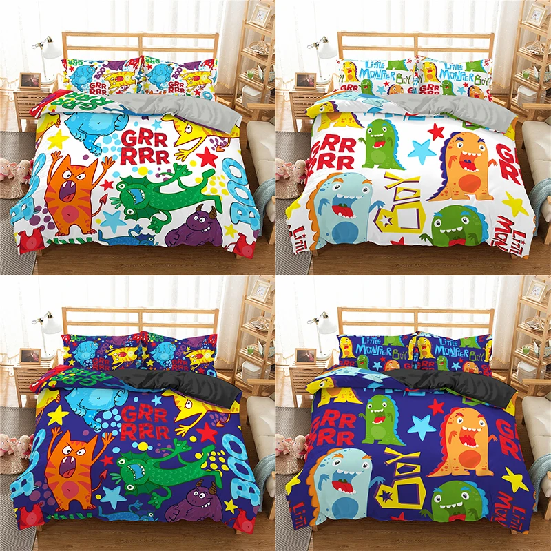 

3D Cartoon Monster Printing Bedding Set Duvet Cover Pillowcase 2/3pcs Comforter Sets For Boys Kids US EU AU UK Size