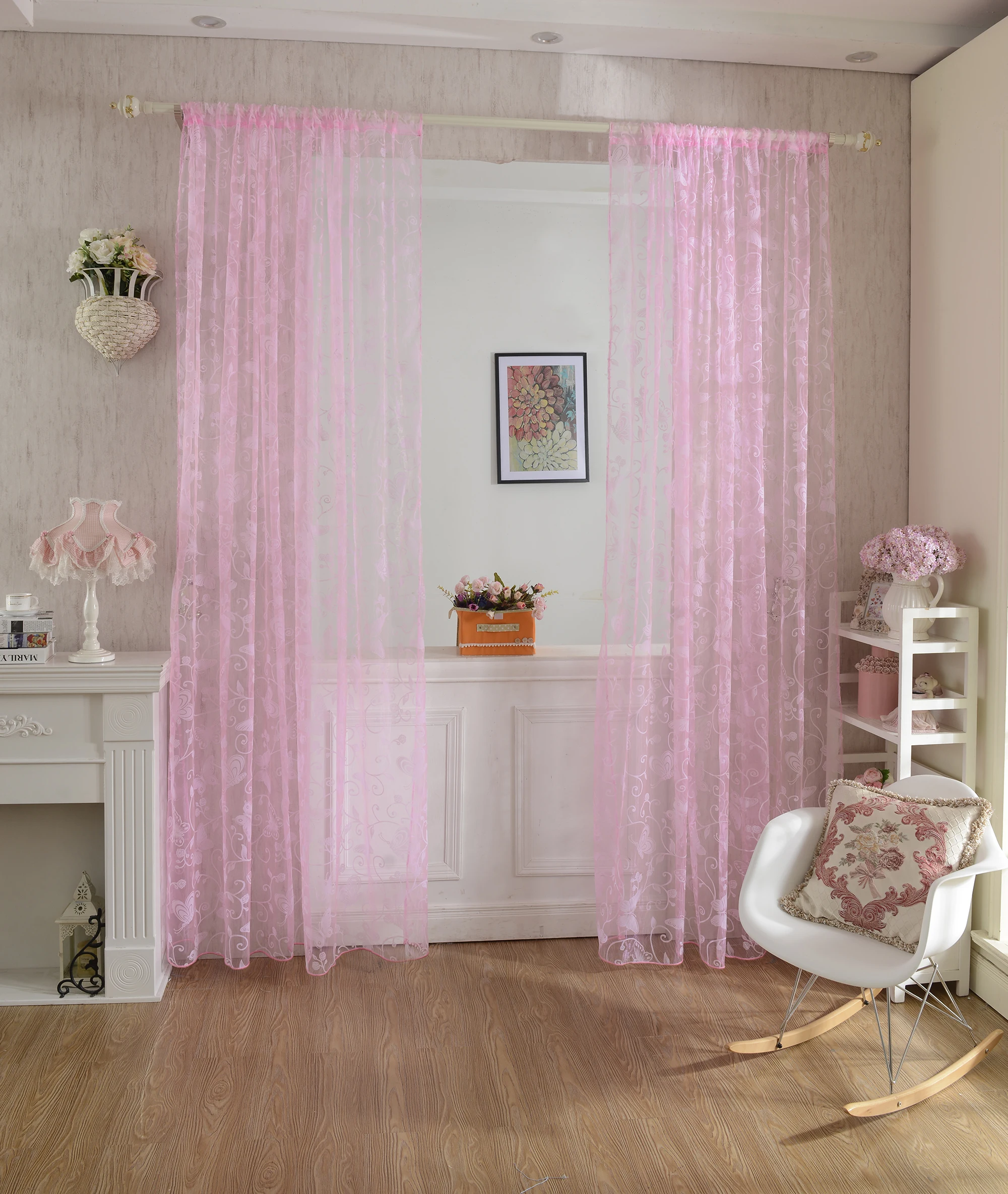 

Flocking Butterfly Flowers Sheer Curtain Panel Window Tulle Home Bedroom Decor - 100*200cm