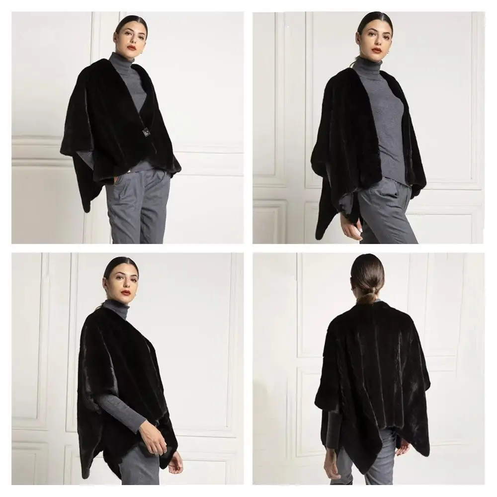 

TOPFUR Black Cape Women Real Fur Cape femme Natural Mink Fur Cloak Wrap Women Cape Coat Half Sleeves Fur Ponchos Plus Size