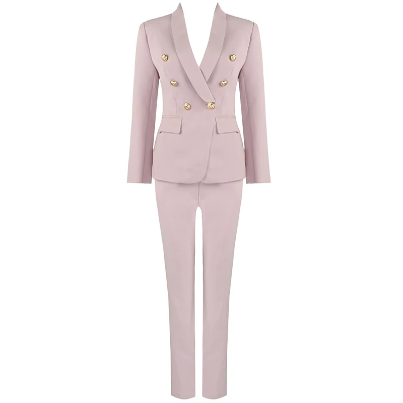 pink Высокое качество, розовый, красный брючный костюм, женский деловой комплект из двух предметов, золотой двубортный Блейзер на пуговицах, брюки, деловой Женский блейзер, костюмы - Цвет: pink