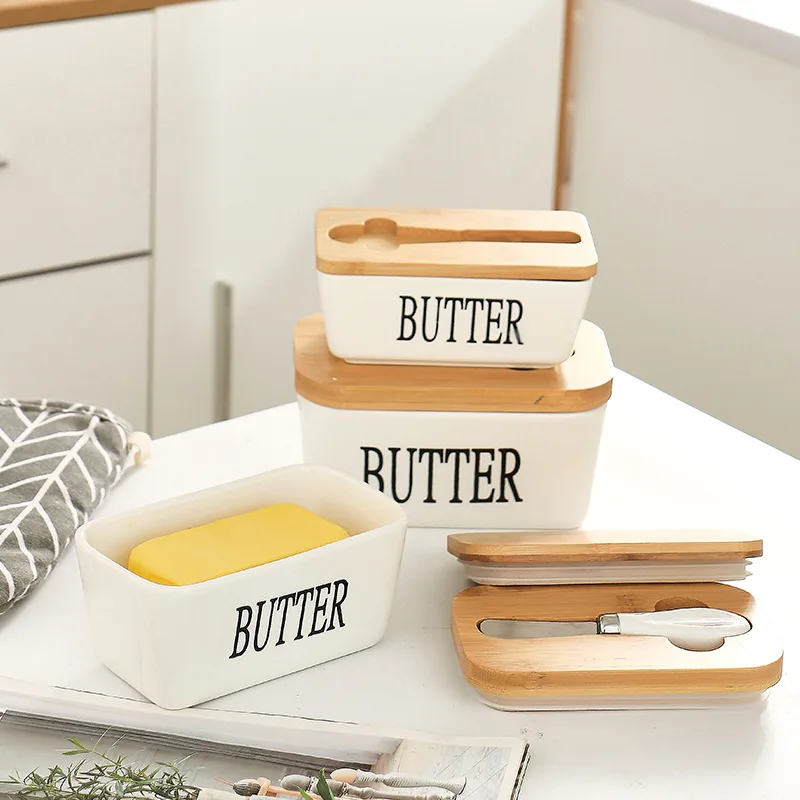 Scatola per burro in ceramica conservazione del formaggio vassoio per piatti di tenuta con coperchio in legno coltello piatto per alimenti burro custode contenitore per utensili per cucina