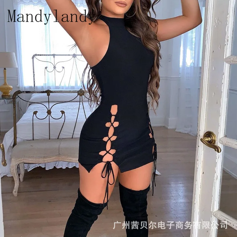 

Mandylandy женское элегантное Бандажное обтягивающее платье-карандаш, женское сексуальное обтягивающее платье без рукавов с круглым вырезом
