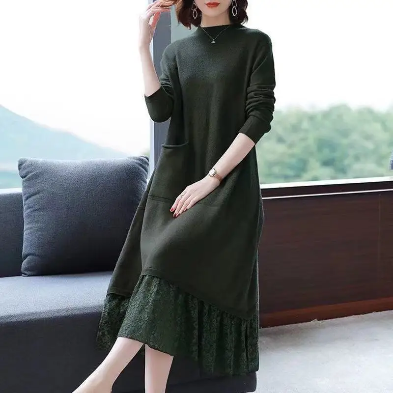 

LARCI 2021 Spring and Autumn Knitted Dress Lace Stitching Artistic Temperament Outerwear Bottoming Midi Skit