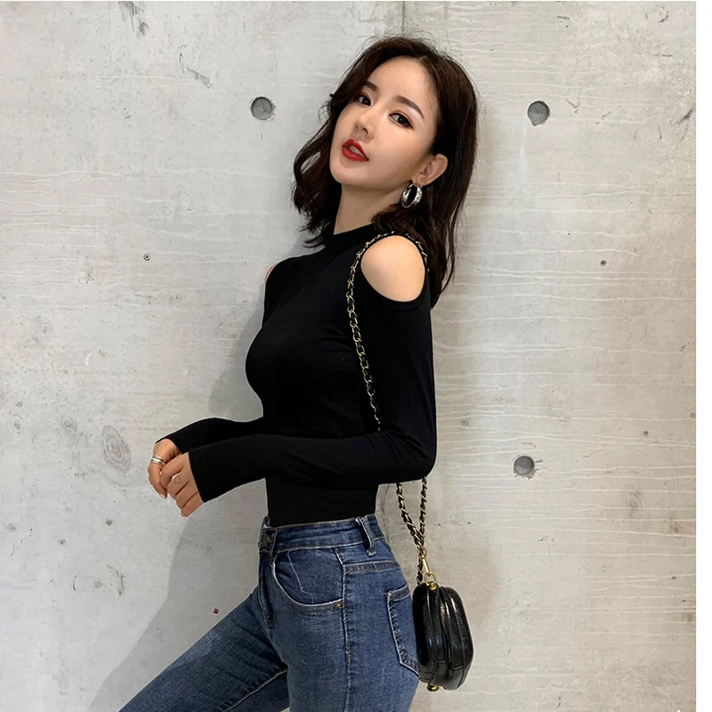 

2020 Spring New Sexy Solid Color Women Top Off Shoulder Long Sleeve Women Bottoming Women Top Slim Retro O-Neck Lady T-shirt