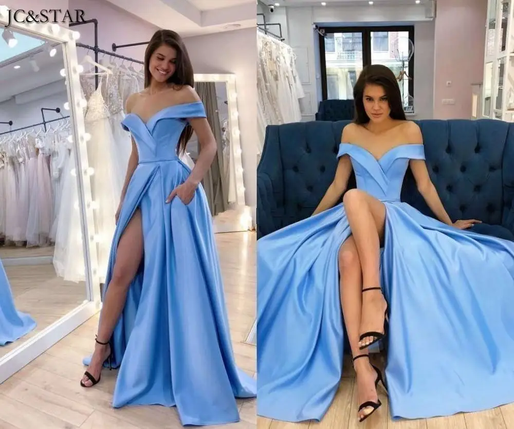 Sky blue prom dresses sexy V-neck OFF shoulder high open split A Linevestido de formatura longo gala dress　 | Свадьбы и торжества