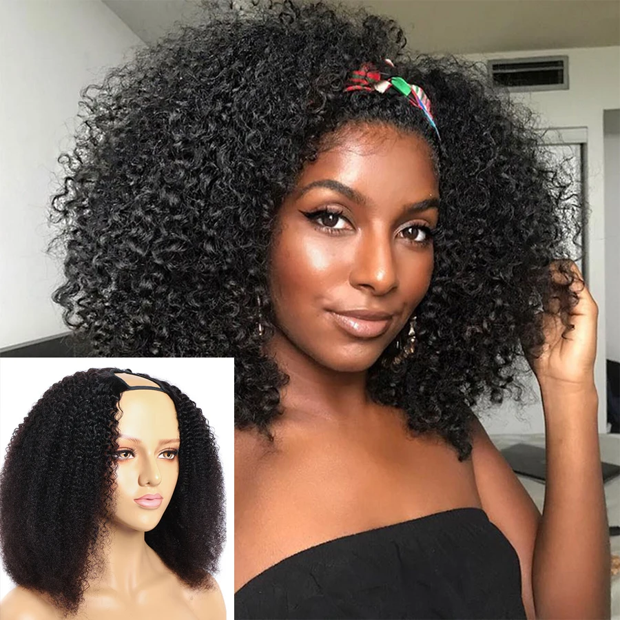150% Density Fu Afro Kinky Curly 3x4inch Big U Open Part Machine Made Wigs 100% Indian Human Hair Wigs pelucas cheveux humain