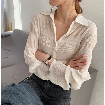 

Chiffon Shirt Women's Early Spring 2020 New Design Sense of Minority Trumpet Sleeve Top Loose and Versatile Shirt Bottom Shirt